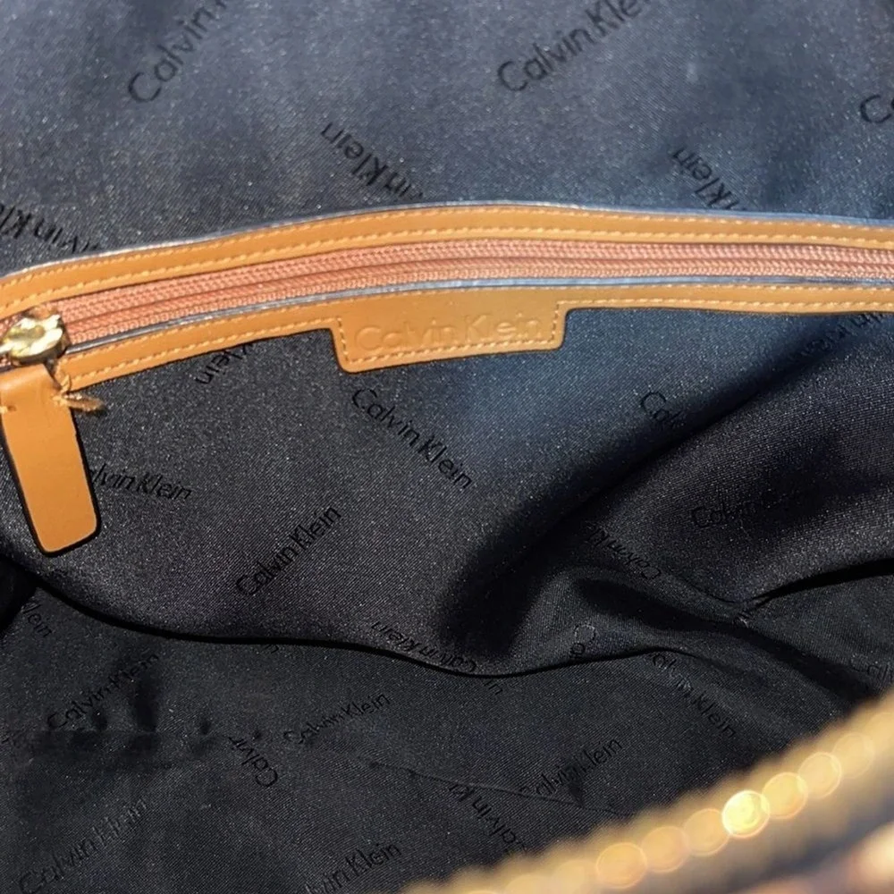 Calvin Klein Leopard Print Satchel Bag Black‎ Patent Trim Gold Hardware Handbag